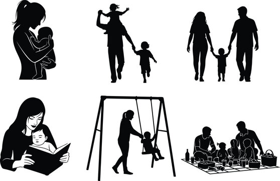 PrintSilhouette family parents children playing reading picnic walking swinging together love bonding lifestyle concept vector illustration for happiness design - Powered by Adobe