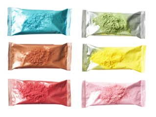 Six transparent pouches, filled with colorful powder
