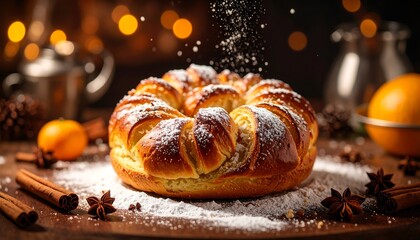 A beautiful, golden-brown, ring-shaped pastry, generously dusted with powdered sugar, is the centerpiece of a festive scene.