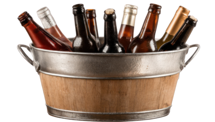 Assorted bottles of beverages in a rustic metal bucket