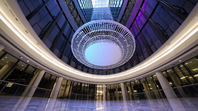 Modern chandelier glowing in atrium with glass ceiling and purple-blue illumination. Concept of luxury interior design
