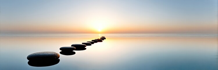 Calm stones on tranquil water at sunrise