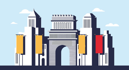 Obraz premium Illustrative architectural landmarks featuring monumental arches and surrounding buildings with festive banners