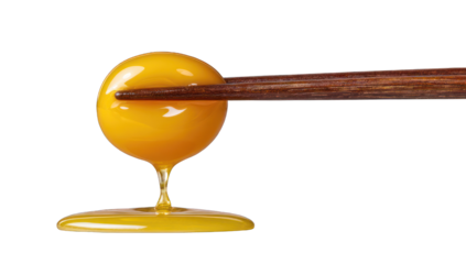 A vibrant, glossy, single, yolk-like orb being held by chopsticks, with drizzled, golden liquid