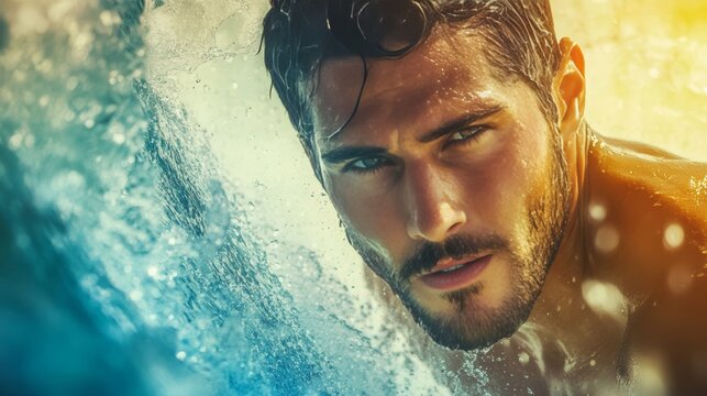 A cinematic action movie poster of a surfing hero 