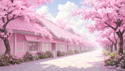 Pink cherry blossom lined street