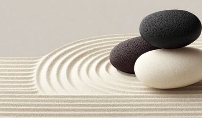 Three stones balanced atop a circular zen garden design