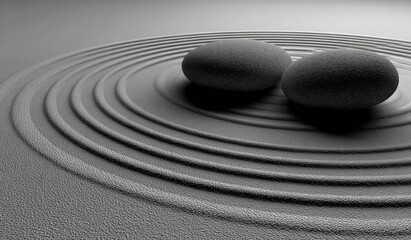 Two dark gray stones rest on a circular bed of gray sand, intricate concentric circles radiate outward