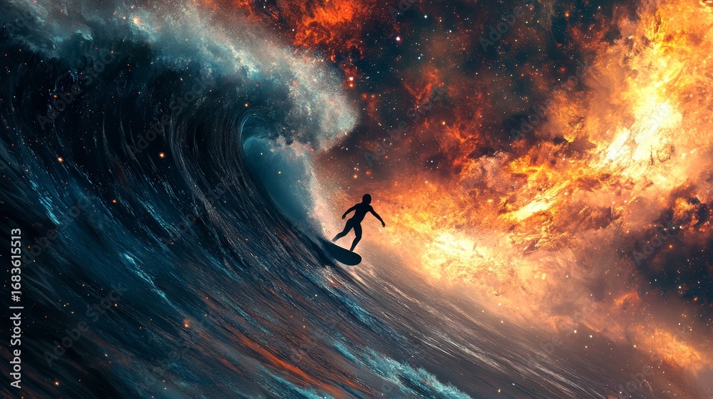 Wall mural a tiny figure surfing on a gigantic cosmic wave in outer space