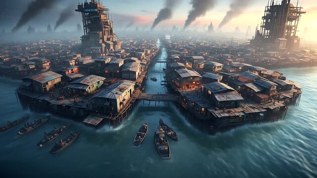 A futuristic cityscape of floating settlements, viewed from a raised vantage point, evokes a sense of mystery and wonder.