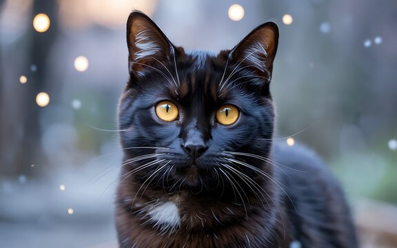 A black cat with striking yellow eyes in snowy scene