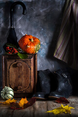 Pumpkin, umbrella and old shoes near grey plastered wall