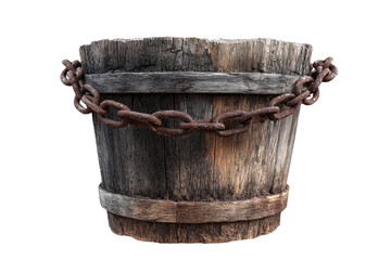 Wooden water bucket with rusty chain