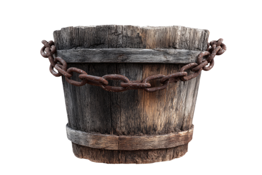 Wooden water bucket with rusty chain
