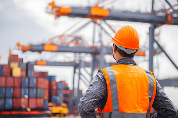 A construction supervisor carefully observes the loading of containers at a bustling shipping port amid the daytime activities