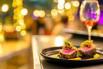 Delicious gourmet dish served with fine wine at an elegant outdoor dining setting during a festive evening celebration