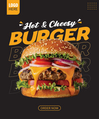 Hot & Cheesy Burger Poster, Premium Fast Food Flyer with Minimal Black Background.