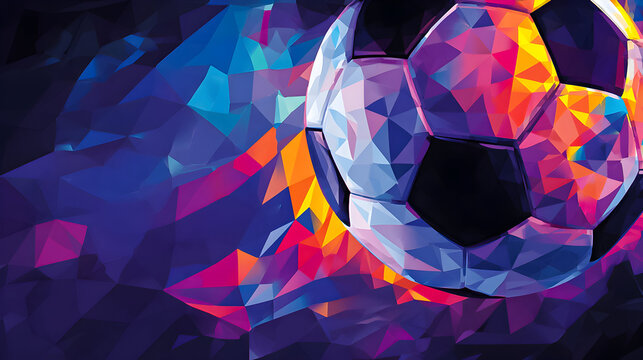 Vibrant geometric soccer ball in motion against a colorful abstract background with dynamic shapes and lively hues