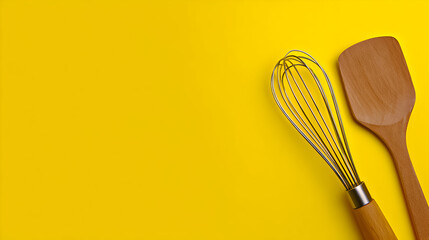 Kitchen utensils arranged on a bright yellow background showcasing a whisk and spatula ideal for cooking and baking activities