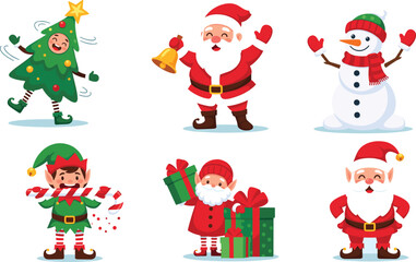 Christmas holiday vector set with Santa Claus, snowman, elf, Christmas tree costume, gifts, and festive decorations for winter celebration