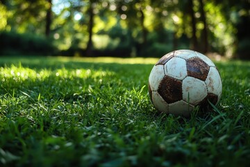 Obraz premium A weathered soccer ball resting on lush green grass in a serene park under sunlight