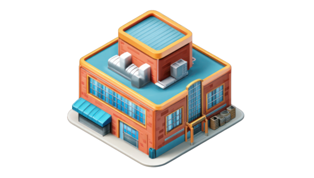 Isometric illustration of a building, likely a factory or store.  Colorful and stylized - Powered by Adobe