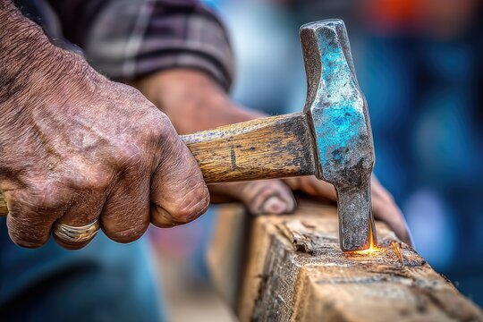 Close-up of weathered hands wielding a hammer, striking wood, sparks flying