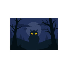 A menacing silhouette of an owl with glowing yellow eyes stares intently from a dark forest clearing under a full moon with scattered clouds