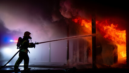 A firefighter in full protective gear including a black turnout coat with yellow reflective stripes, protective pants, boots, 