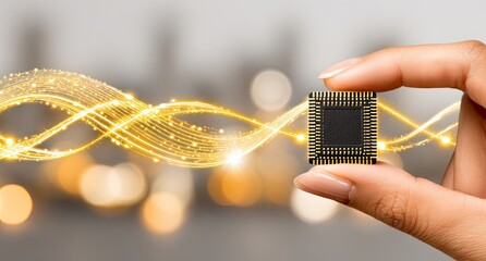 Hand holding a microchip with golden light trails