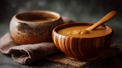 Rustic wooden and ceramic bowls filled with warm brown food and a wooden spoon set on an earthy fabric with a dark background
