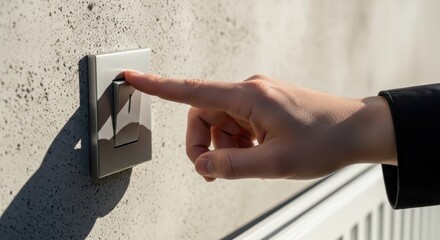 Finger pressing doorbell button shows interaction. Finger pressing doorbell shows simple action. Interactive finger pressing doorbell is captured for demonstration of accessibility and communication