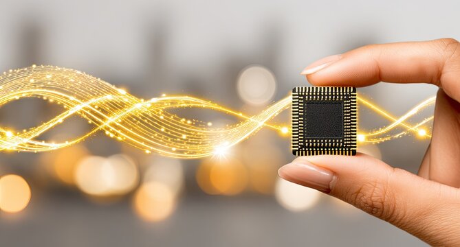 Hand holding a microchip with golden light trails