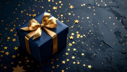 A sophisticated navy blue gift box, adorned with gold ribbon and glittering stars, sits on a dark textured surface, creating a festive and elegant presentation.