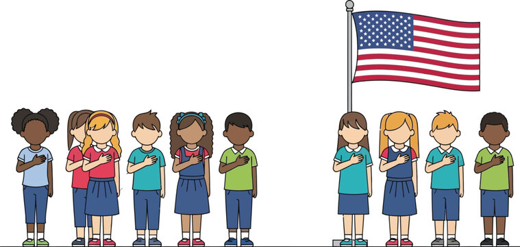 Diverse children pledge allegiance to flag in classroom setting
