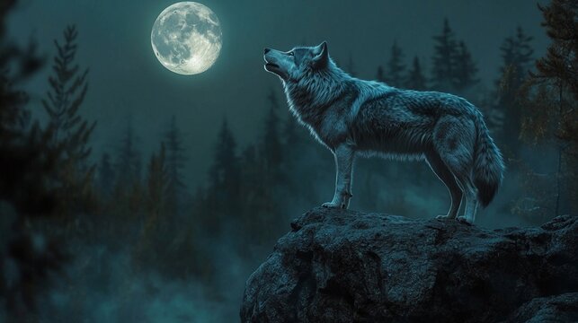Majestic Wolf Howling at Full Moon in Misty Forest - Powered by Adobe