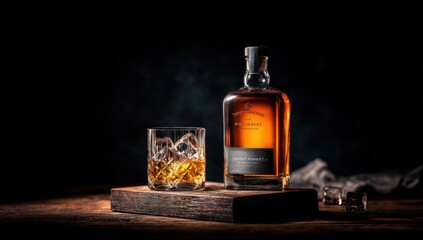 Premium amber liquor bottle and rocks glass on a wooden surface