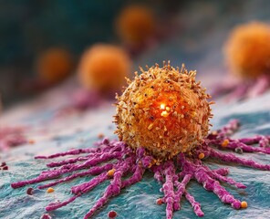 Close-up of a vibrant orange-gold cell with intricate, spiky, magenta extensions