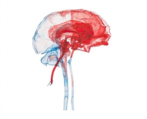 3D rendered, translucent brain model, red and blue color-coded