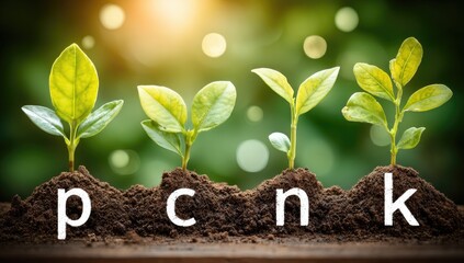 Four young plants in varying growth stages, planted in dark soil, against a blurred green background with sunlight