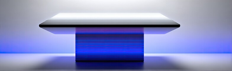 Sleek, modern, rectangular table with a glossy surface sits atop a dark-blue, block-like base, lit by ambient light, creating a minimalist, futuristic aesthetic