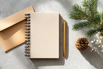 Blank planner spiral notebook golden pen envelope pine branch pine cone sunlight festive holiday year end accounting concept natural elements