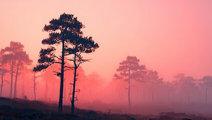 Silhouetted pines in a misty, rose-hued dawn