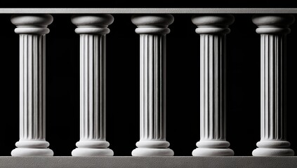Fototapeta premium Minimalist architectural detail of a row of Greek-style columns isolated against a black background, symbolizing history, strength, and classical design