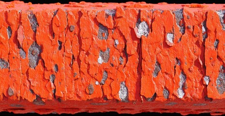 Orange brick surface with peeling paint and embedded speckles