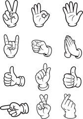 Hand Gesture Icons Set, Black and White Cartoon Vector Hands Showing Signs and Symbols