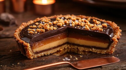 Toffee crunch tart with salted caramel pieces on dark chocolate ganache, cut slice revealing layered interior, copper dessert fork on rustic wooden table, premium restaurant dessert presentation