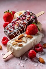 A tempting vertical shot of two gourmet ice cream pops, one dark chocolate and one vanilla, decorated with fruits, almonds, and drizzles. A perfect summer treat.