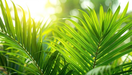 Lush green palm fronds bathed in sunlight
