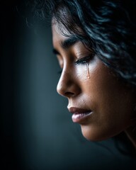 A poignant close-up portrait of a woman with a tear rolling down her cheek, captured in soft lighting against a dark background, evoking deep emotion and sensitivity.